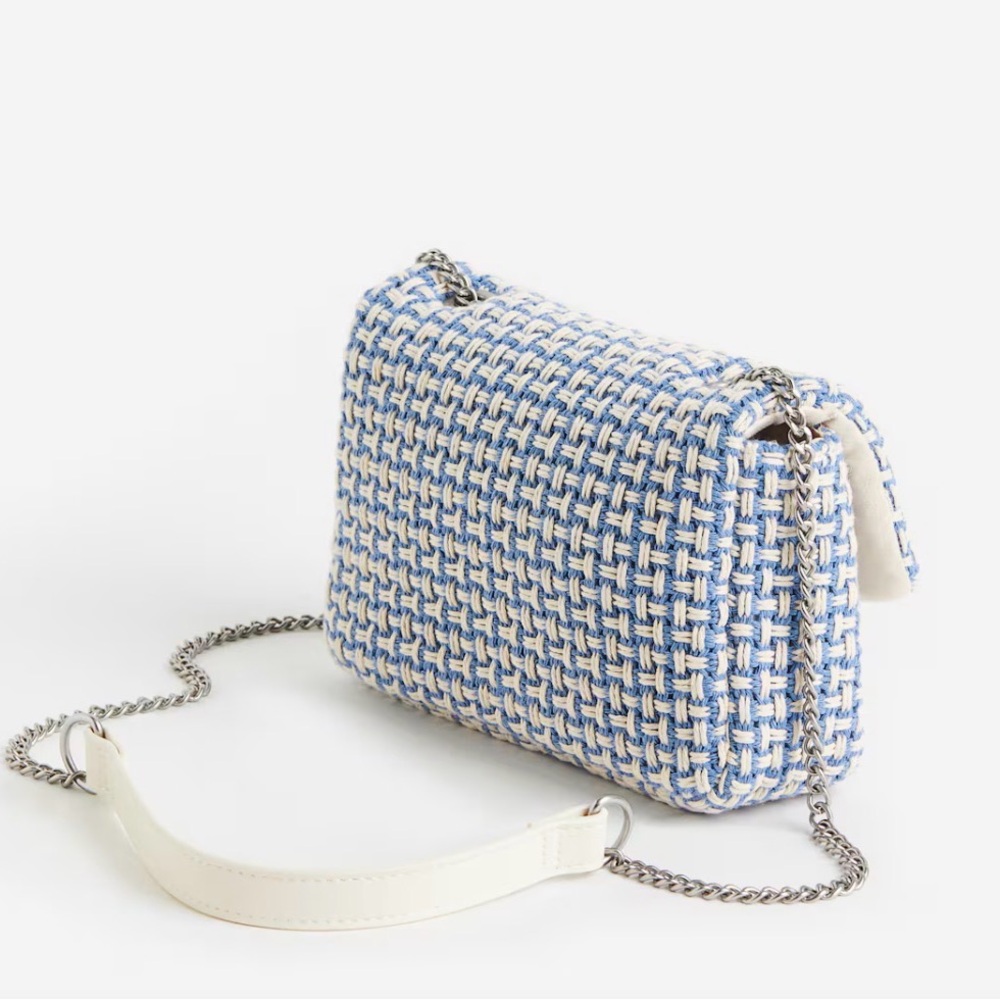 H&M Light Blue White Woven Tweed Silver Chain Crossbody Bag NWT - Picture 2 of 9